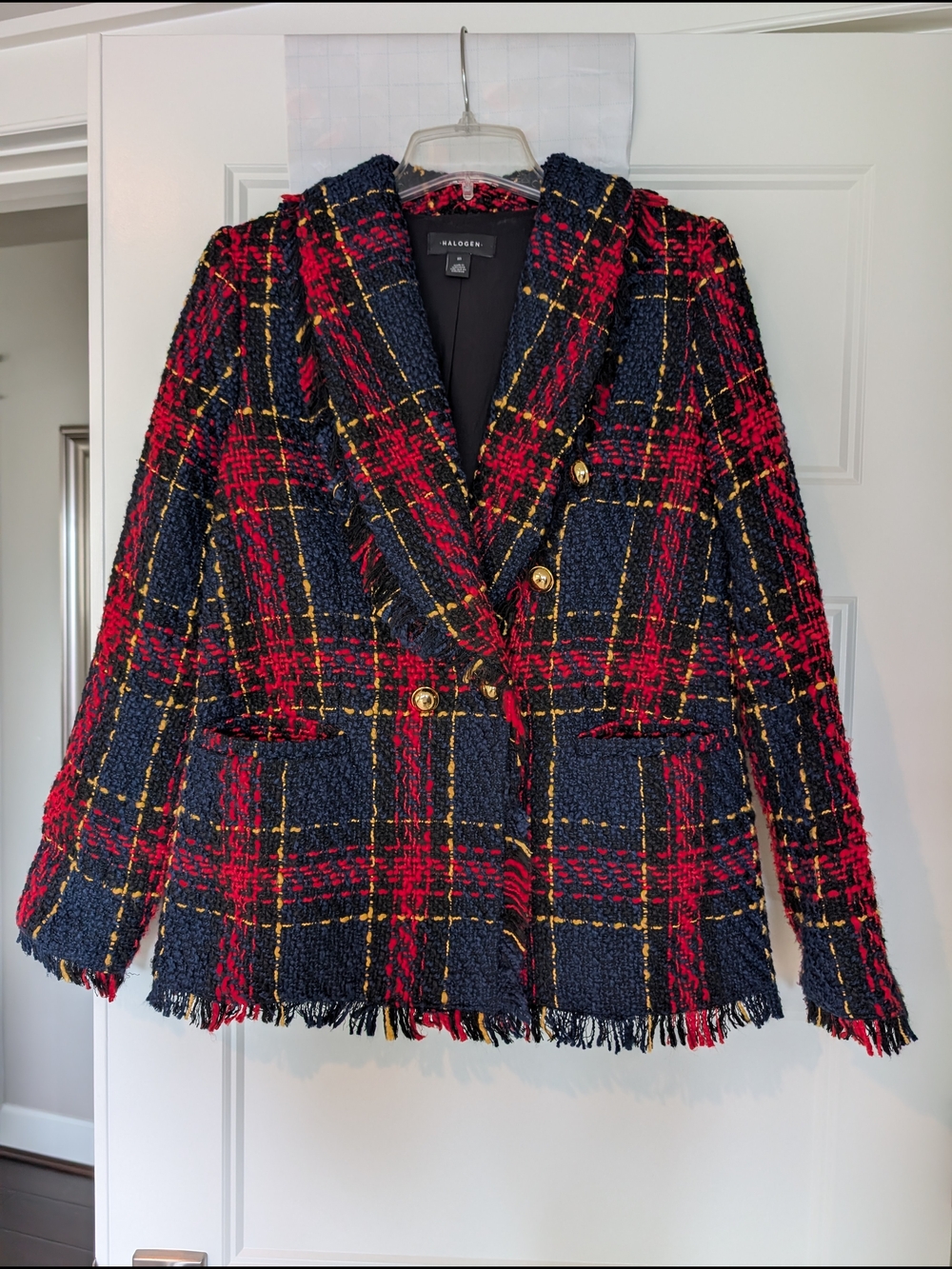 Halogen Red & Navy Plaid Tweed Double-Breasted Blazer